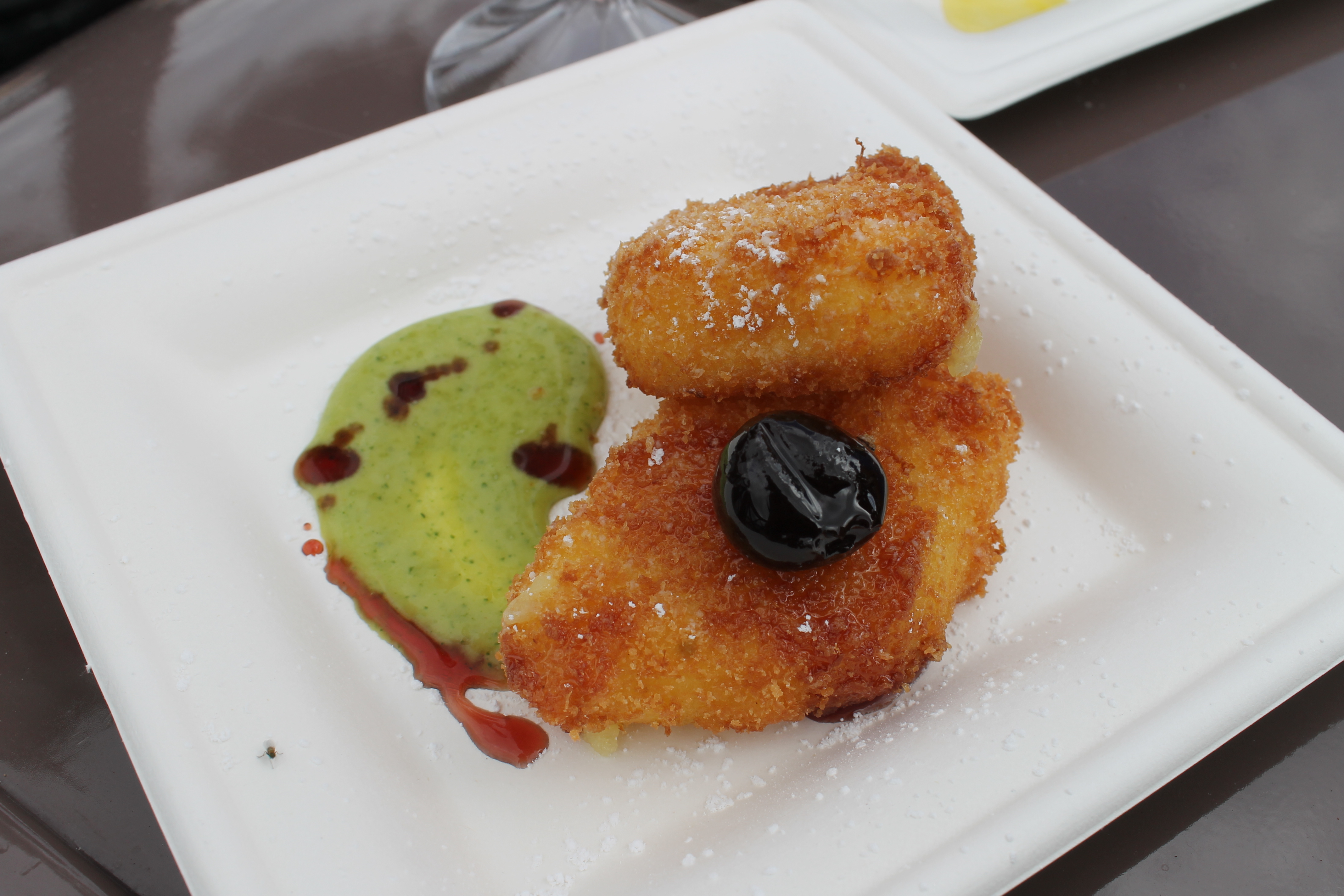 Crema Fitta, Pesche e Rucola Pesto, Ciliege di Amarasca: Cream Fritters, Peach and Arugula Pesto and Amarena Cherries $7.00
