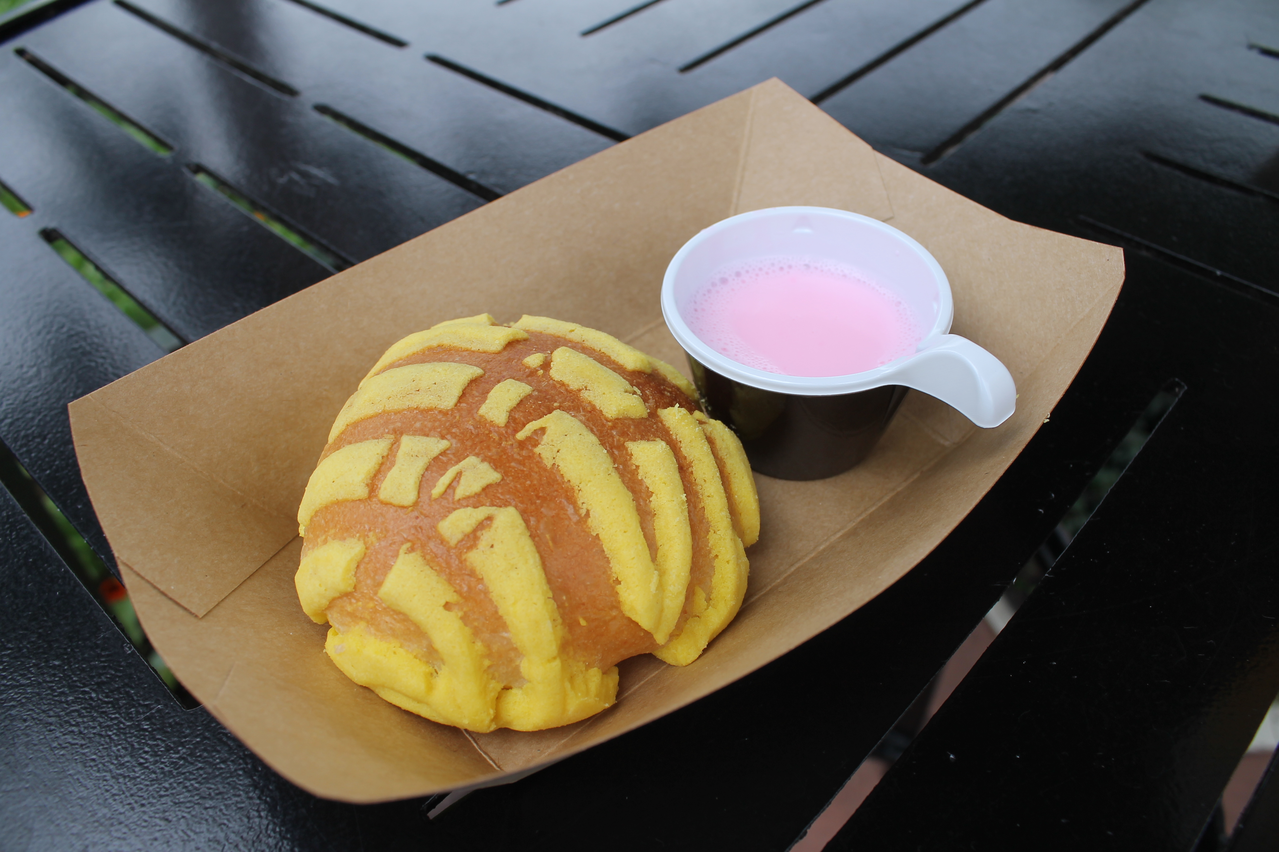 Atole de Fresa and Mexican Concha Bread: Warm Strawberry Drink served with Mexican Concha Bread $3.95