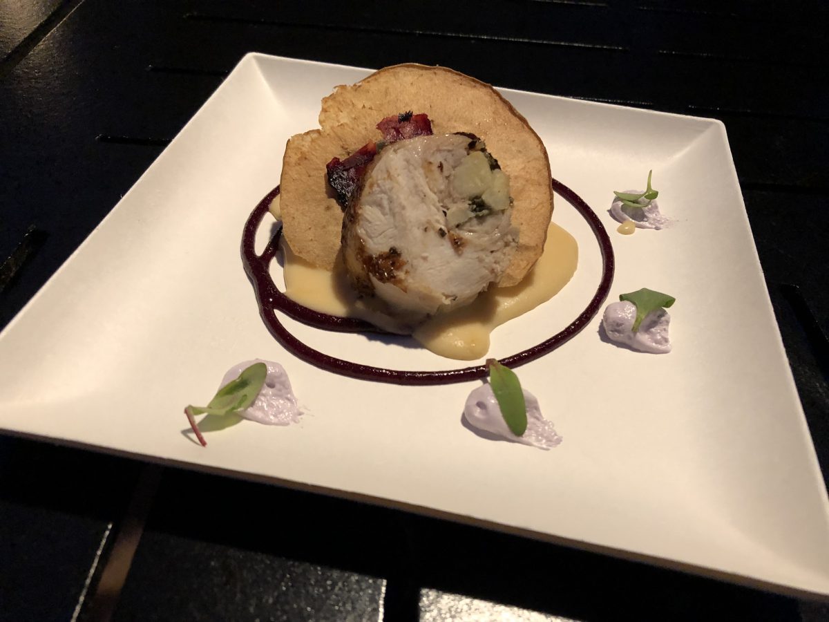 Sous Vide Poulet Rouge Chicken Roulade with Apples and Sage served with Warm Brie Fondue, Blueberry and Beet Gel and garnished with Apple and Beet Chips - $6.50