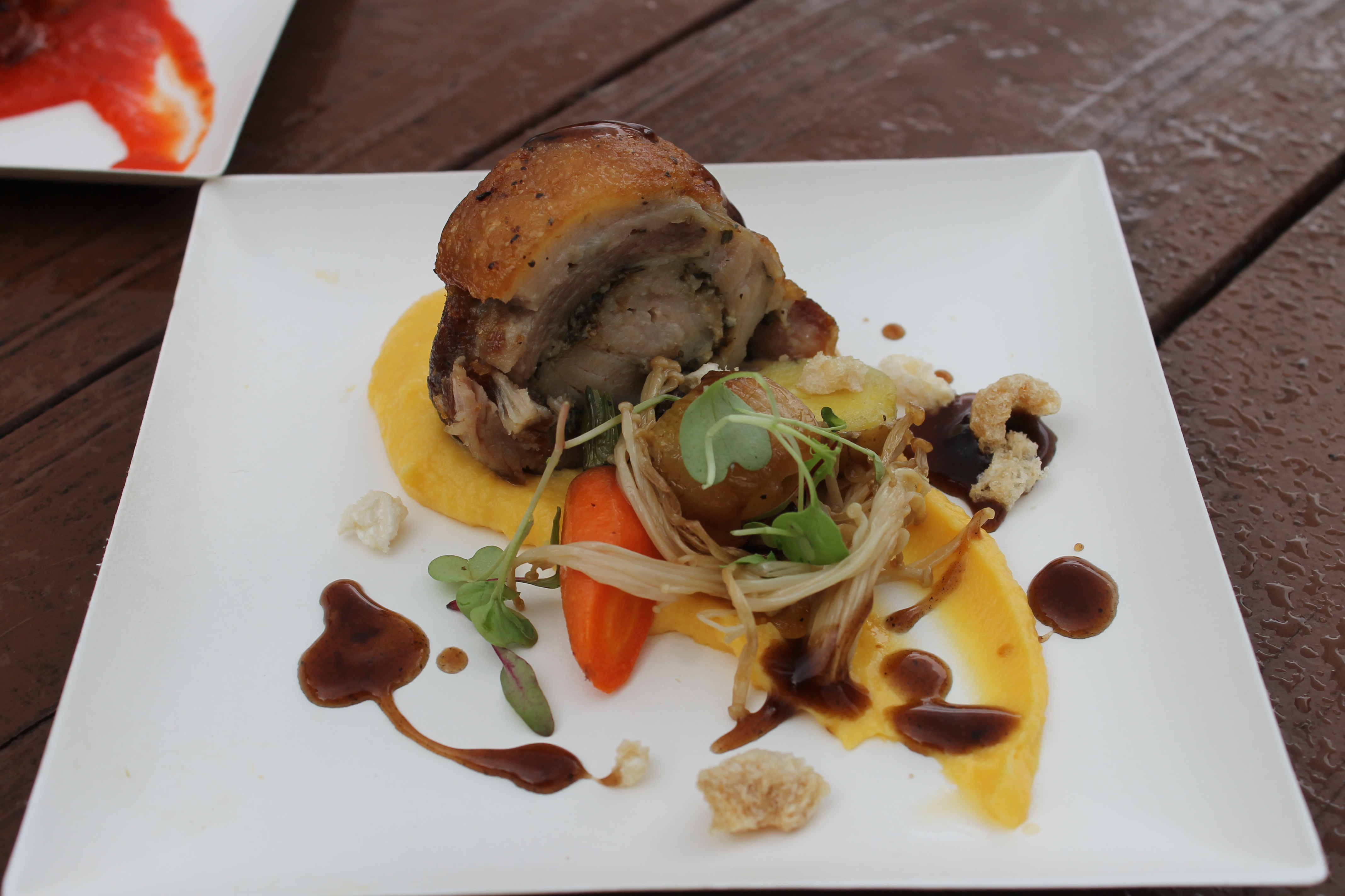 Roasted Pork Roulade with Butternut Squash Purée, Marble Potatoes and Baby Carrots with a Red Wine Sauce featuring Melissa’s Produce $6.75