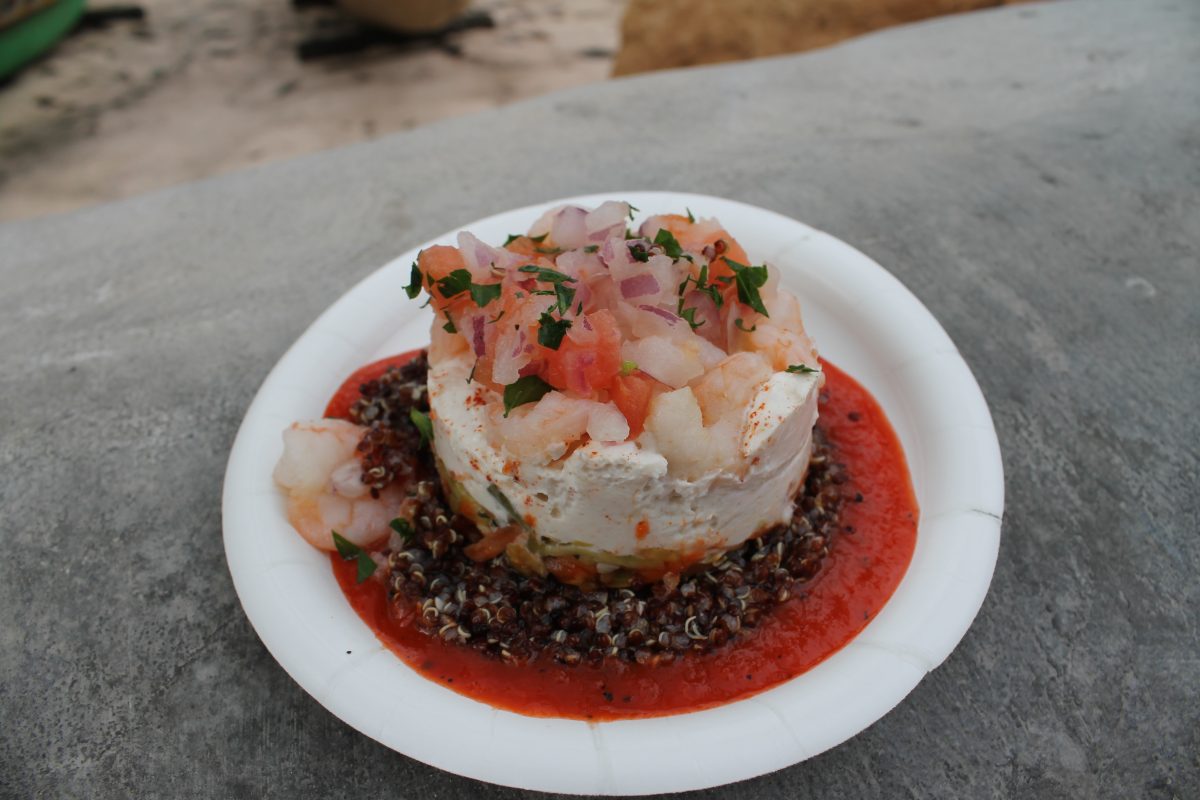 Chilled Shrimp, Quinoa, Layered Vegetables, Spiced Yogurt and Red Pepper Coulis