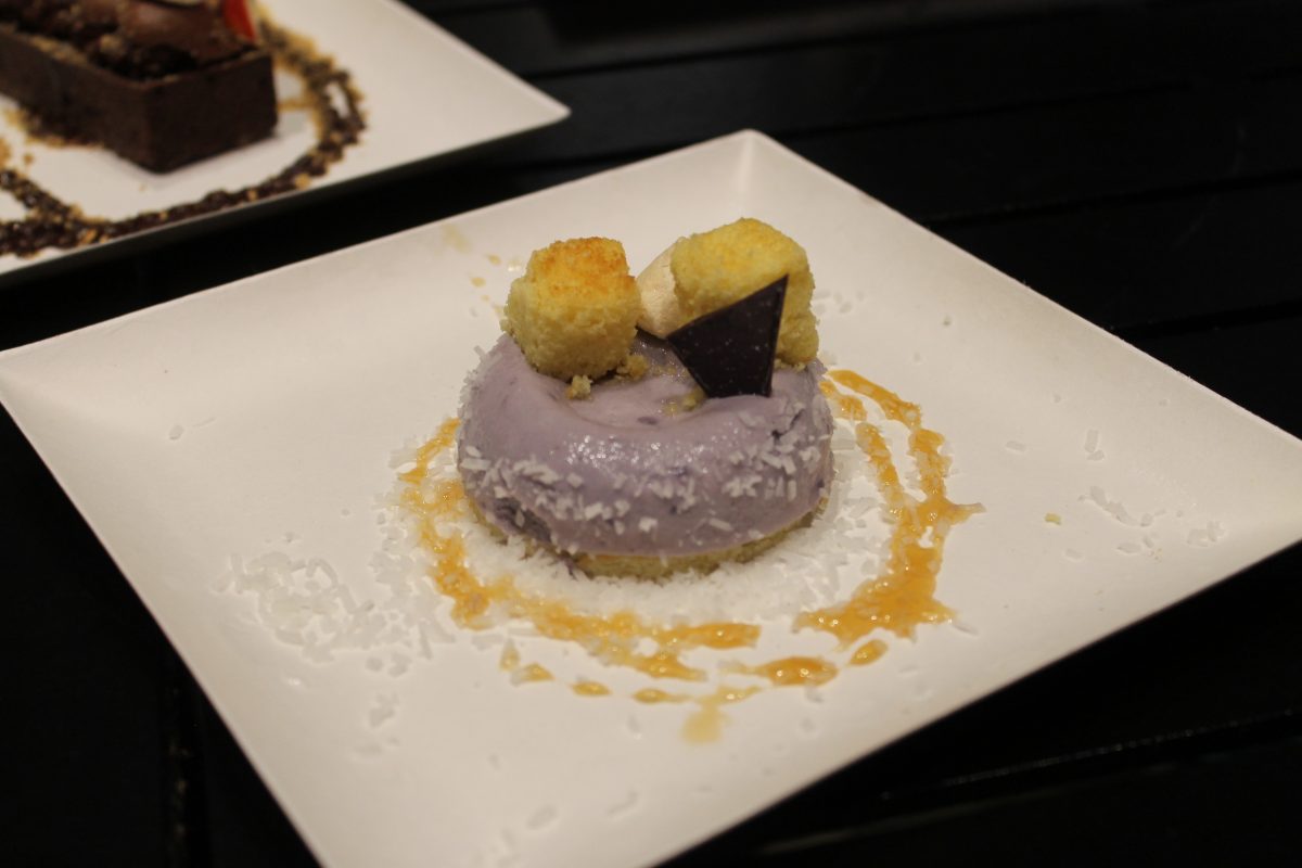 White Chocolate and Purple Sweet Potato Mousse, Salted Caramel and Maple Meringue with Coconut - $6.50