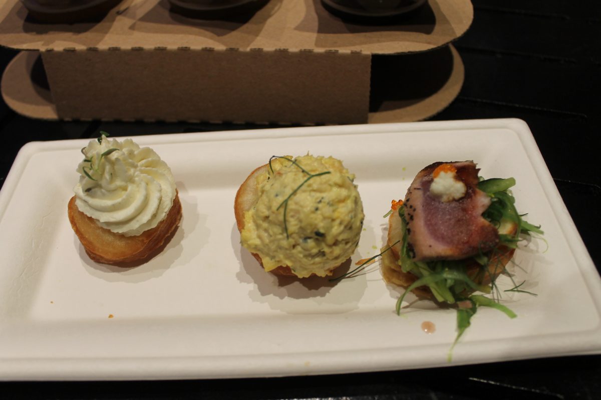 Trio of Savory Croissant Doughnuts: Whipped Boursin Garlic and Fine Herbs Cheese with Fresh Herbs (V), Chicken Salad with Shaved Fennel and Fresh Herbs, Spicy Tuna with Wasabi and Seaweed Salad - $9.50