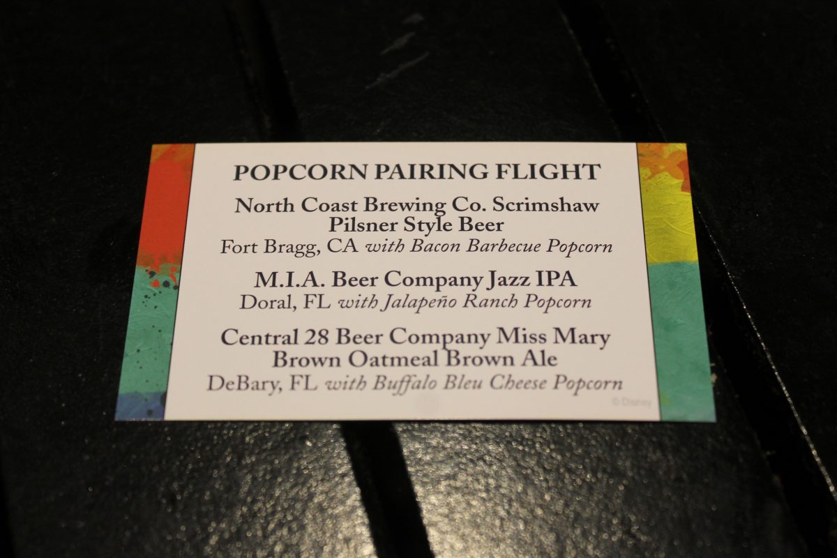 Popcorn Pairing Flight (North Coast Brewing Co. Scrimshaw Pilsner Style Beer, M.I.A. Brewing Company Jazz IPA, Central 28 Beer Company Miss Mary Brown Oatmeal Brown Ale) - $11.00