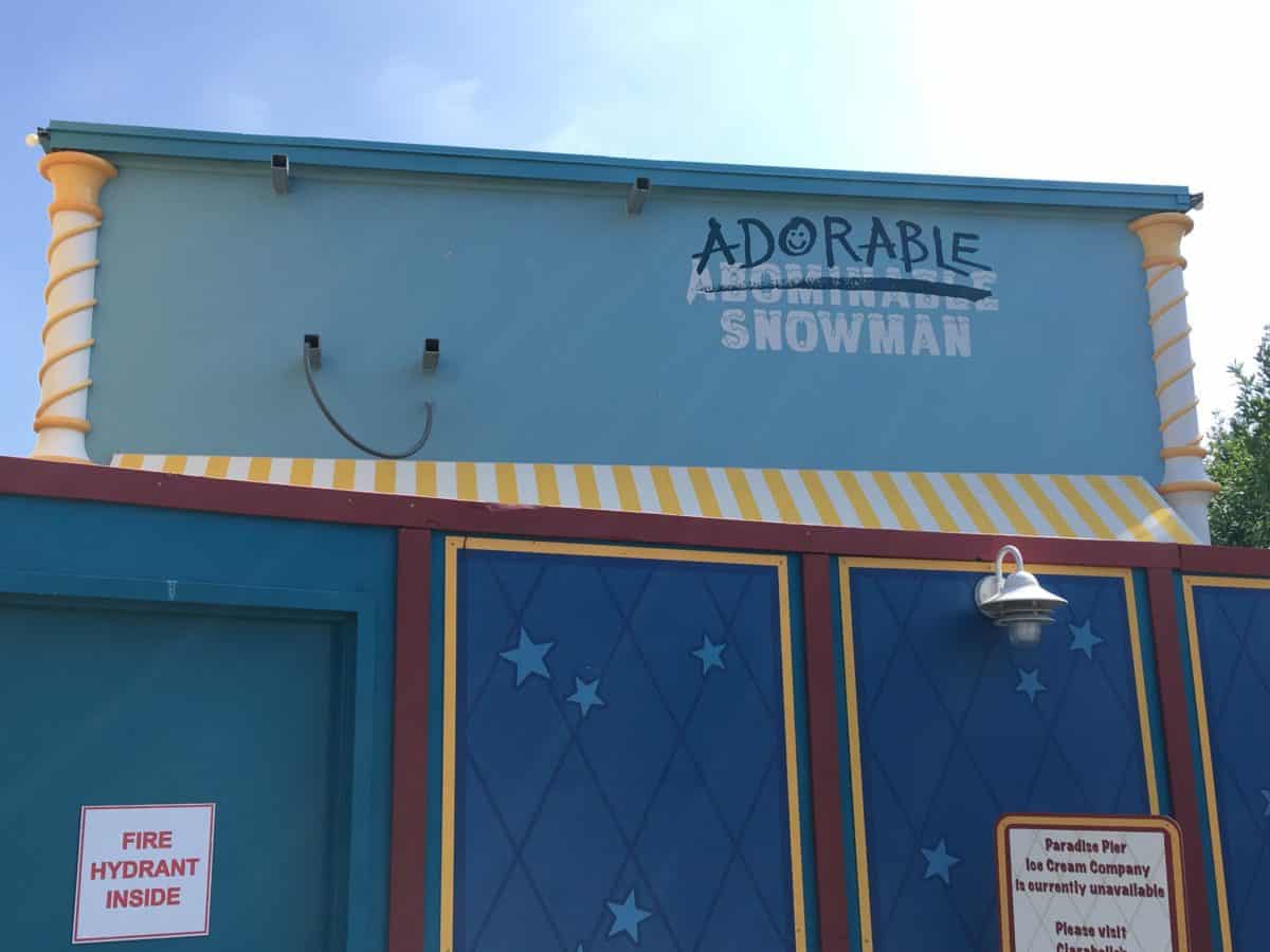 The addition of The "Adorable" Snowman stand in Disney California Adventure as part of its PIXAR Pier construction, as seen on 4/26/18