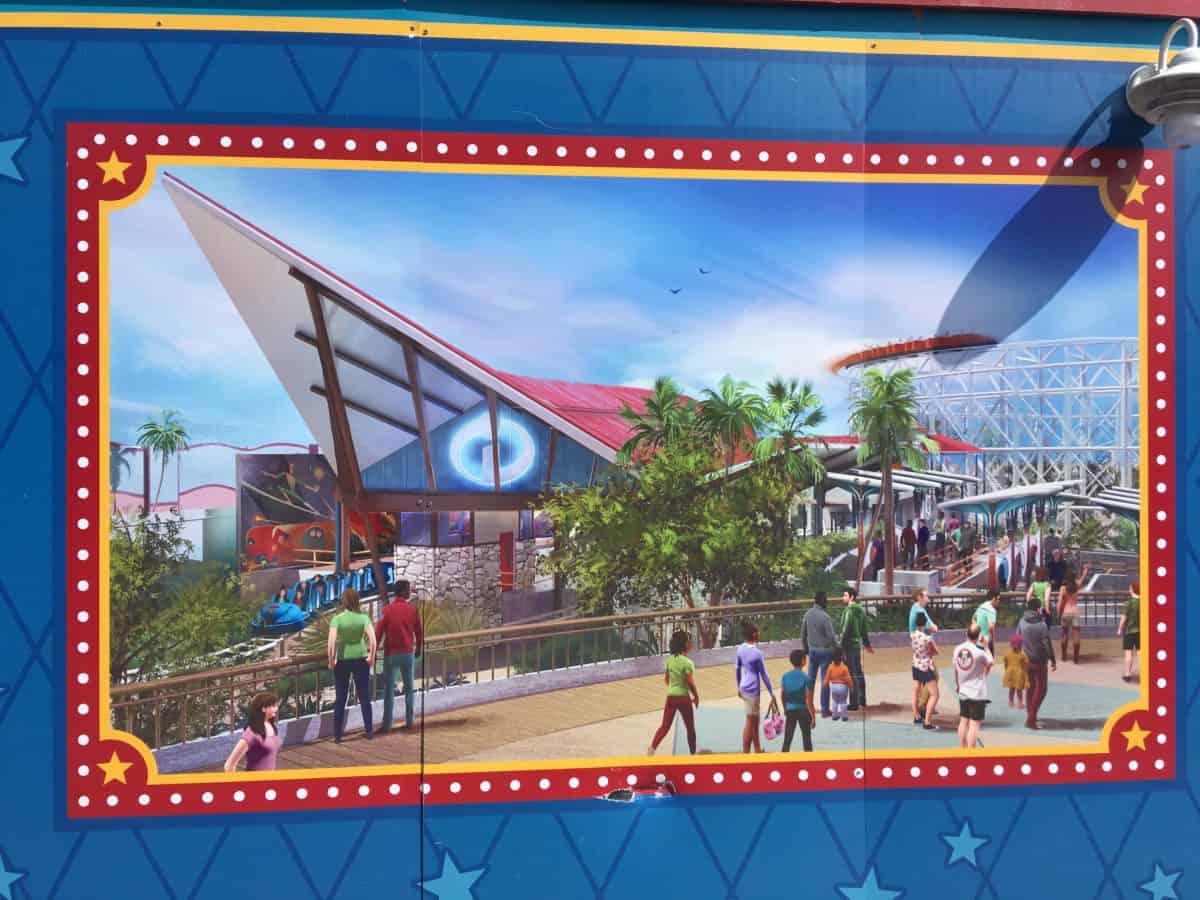 Concept art for the Incredicoaster's loading area in Disney California Adventure as part of their PIXAR Pier construction, seen on 4/26/18