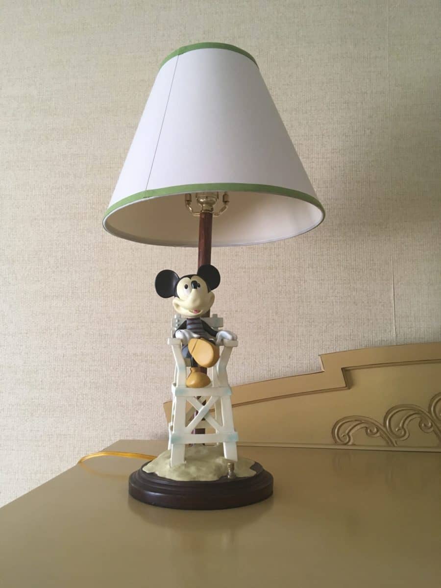 A close-up of the Mickey lamp found in rooms at Disney's Paradise Pier Hotel at the Disneyland Resort