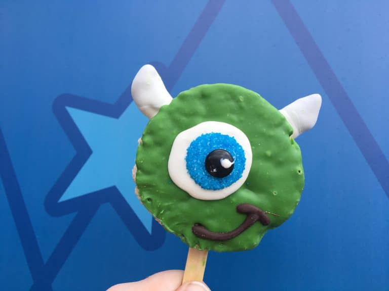 A Mike Wazowski-themed Krispy, created for the Disneyland Resort's PIXAR Fest and sold at the parks' candy kitchens
