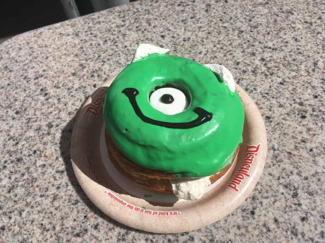 The Mike Wazowski-themed Monster Mallow Donut, created for the Disneyland Resort's PIXAR Fest and sold at Disney California Adventure's Shmoozies