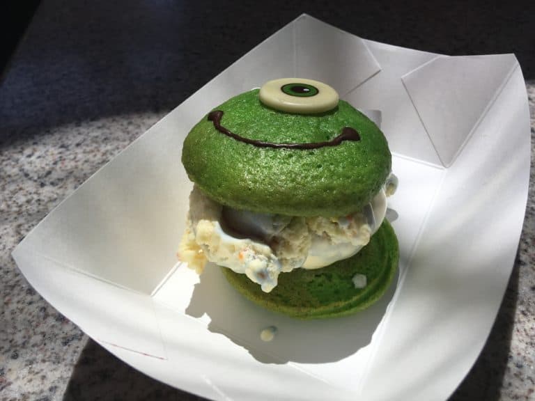 A side view of the Mike Wazowski-themed Whoop-eye Pie, created for the Disneyland Resort's PIXAR Fest and sold at Disney California Adventure's Shmoozies