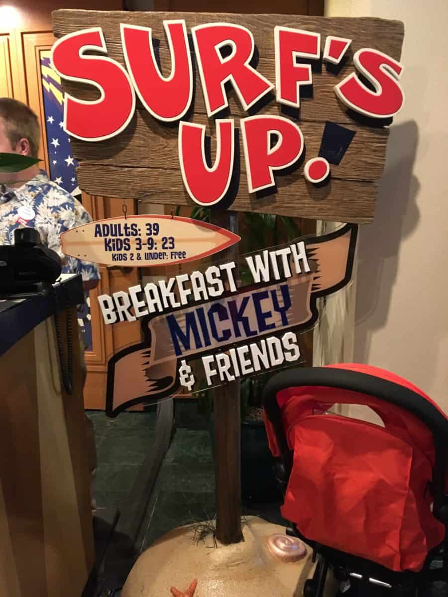 A sign advertising the character breakfast at PCH Grill at Disney's Paradise Pier Hotel at the Disneyland Resort