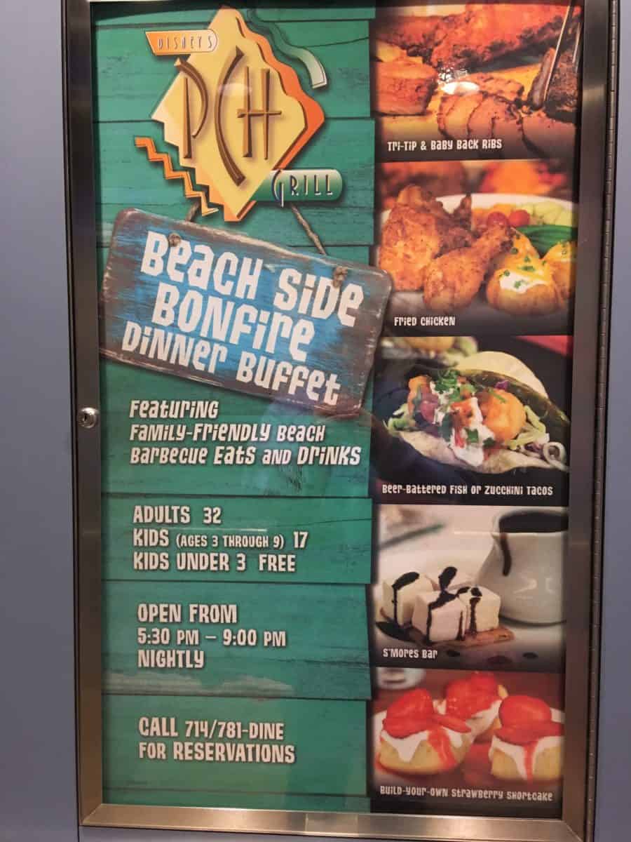 A poster advertising the dinner buffet at PCH Grill at Disney's Paradise Pier Hotel at the Disneyland Resort