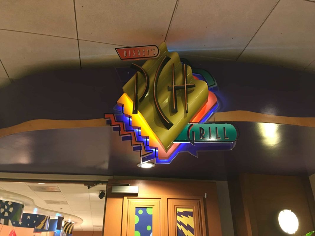 The sign hanging above the PCH Grill at Disney's Paradise Pier Hotel at the Disneyland Resort