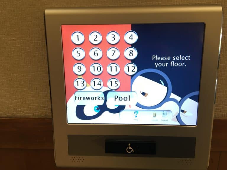 Art from "The Incredibles" on an elevator control panel for Disney's Paradise Pier Hotel's PIXAR Fest overlay