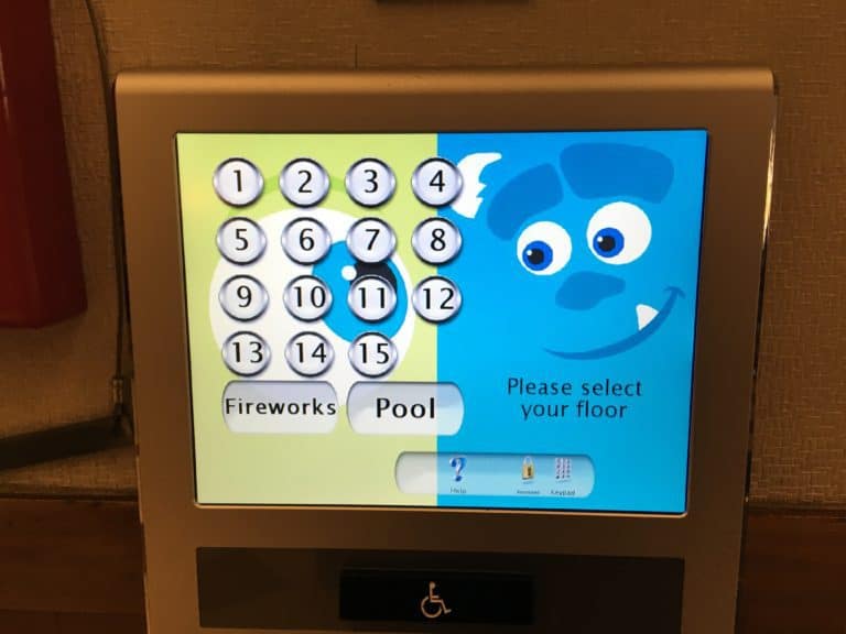 Art from "Monsters Inc." on an elevator control panel at Disney's Paradise Pier Hotel's PIXAR Fest overlay
