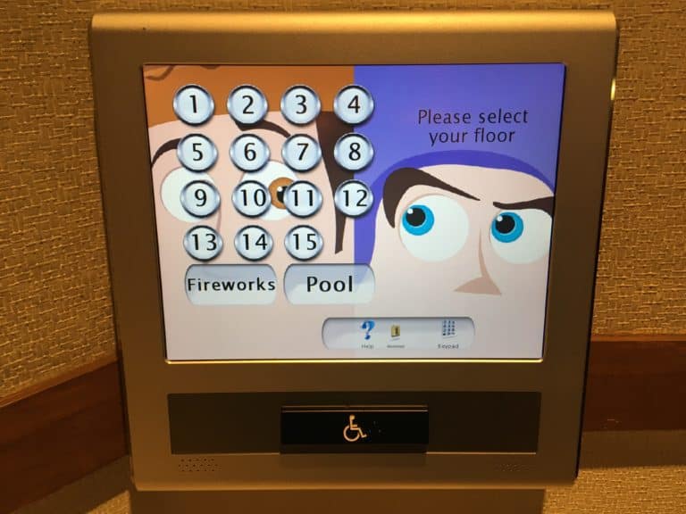 Art from "Toy Story" on the elevator control panel for Disney's Paradise Pier Hotel's PIXAR Fest overlay
