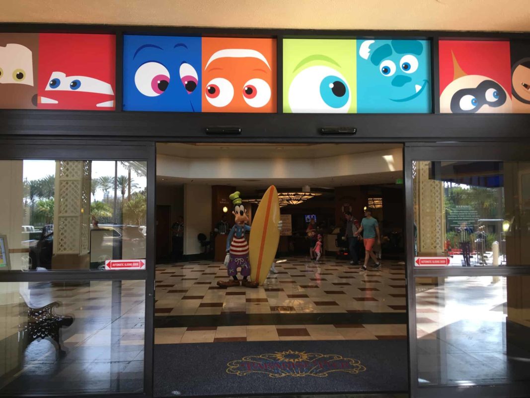 The entrance decor for Disney's Paradise Pier Hotel's PIXAR Fest overlay