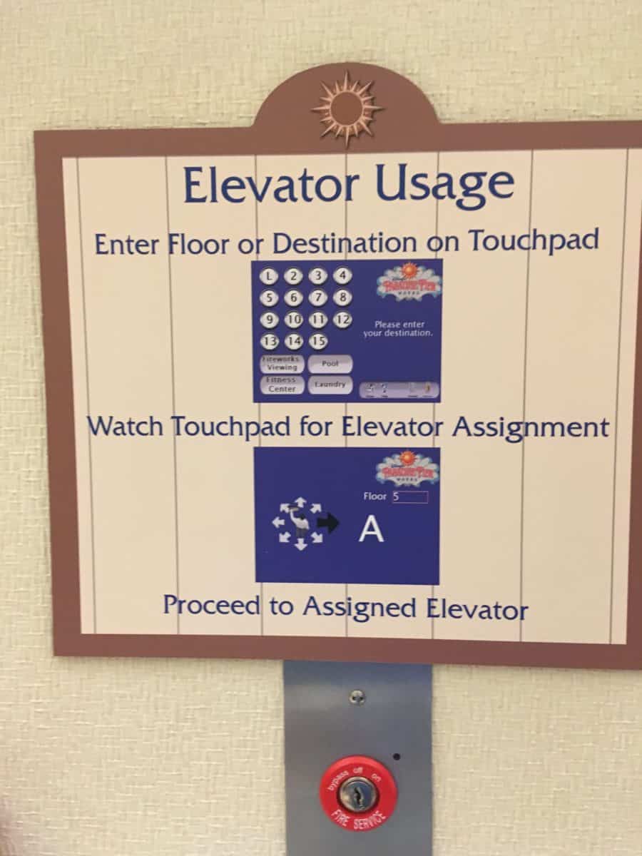Instructions for the elevators at Disney's Paradise Pier Hotel at the Disneyland Resort