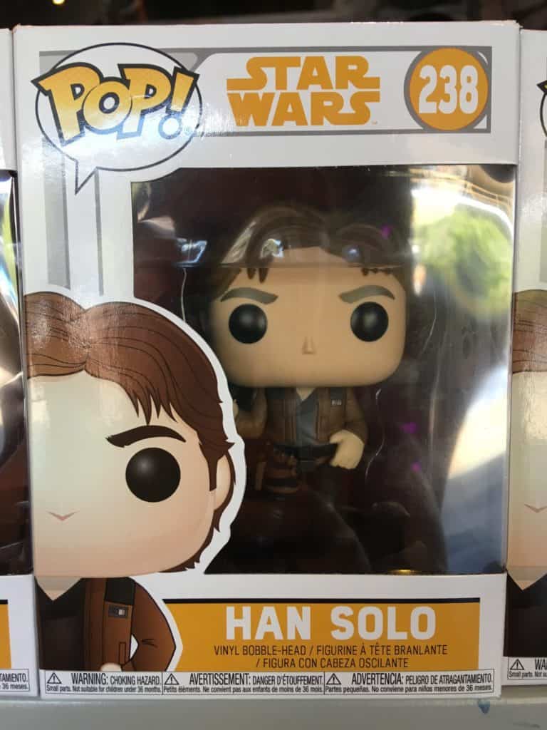A Funko POP! Han Solo figure from the movie "Solo," sold at Star Traders in Disneyland