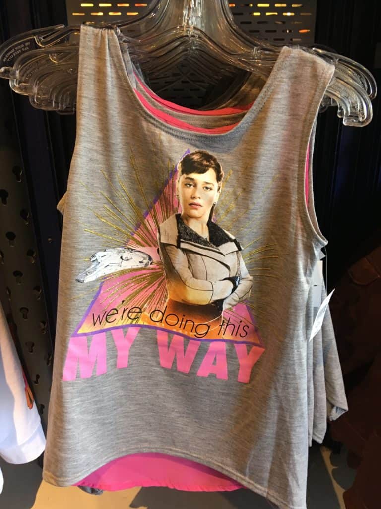 A women's tank top featuring Qi'ira from the movie "Solo," sold any Star Traders in Disneyland