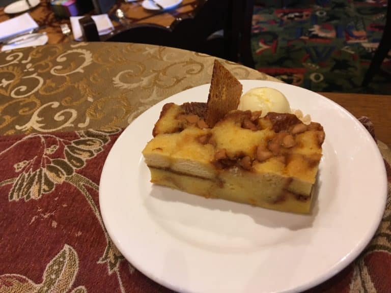 The preview of the Butterscotch Bread Pudding found at the entrance to Storytellers Cafe at the Grand Californian Hotel