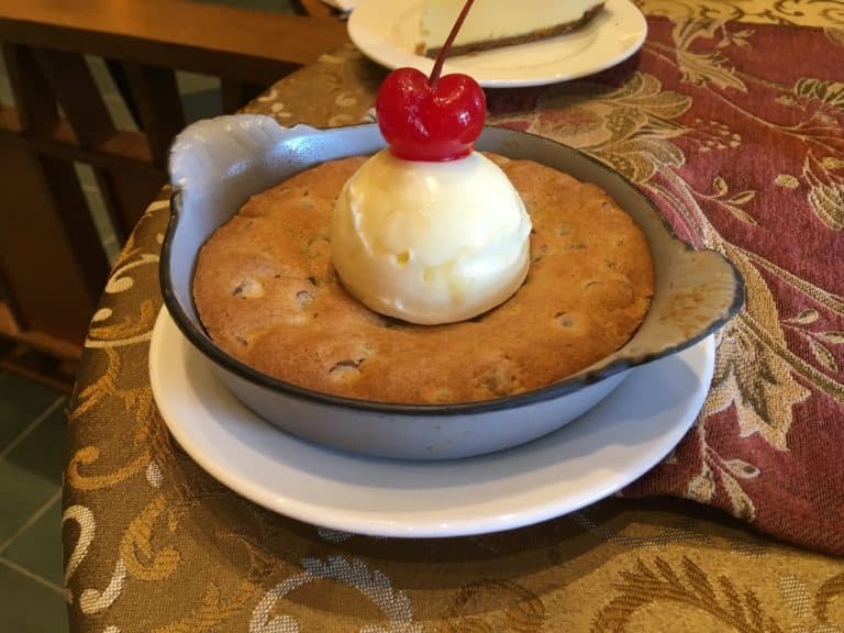 A preview of the Chocolate Chip Cookie Skillet found at the entrance to Storytellers Cafe at the Grand Californian Hotel