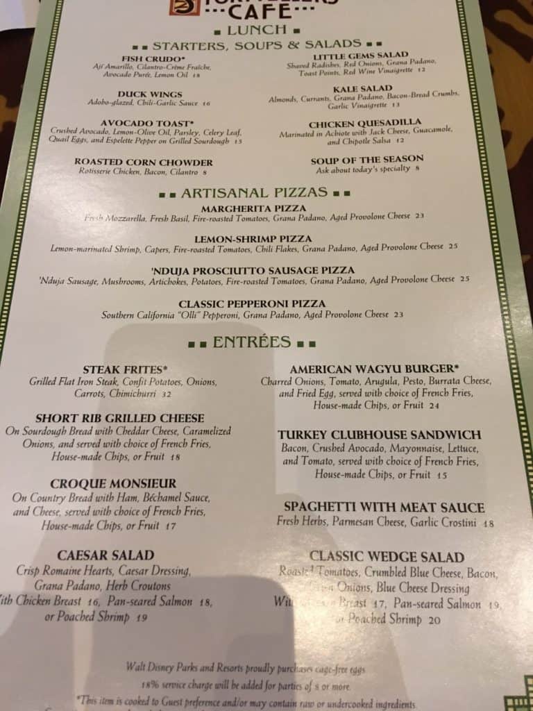 The updated lunch menu for Storytellers Cafe at the Grand Californian Hotel