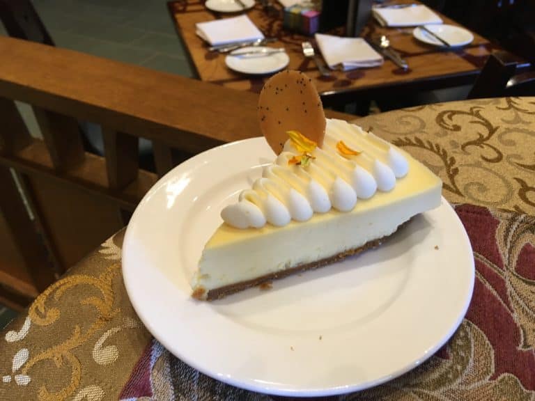 A preview of the seasonal cheesecake found at the entrance to Storytellers Cafe at the Grand Californian Hotel