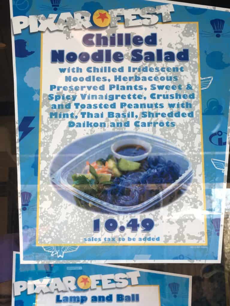 The sign describing PIXAR Fest's Chilled Noodle Salad