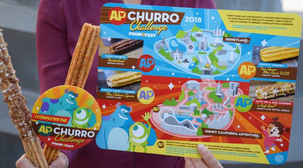 The map and prize for Disneyland's Annual Passholder Churro Challenge, available during PIXAR Fest