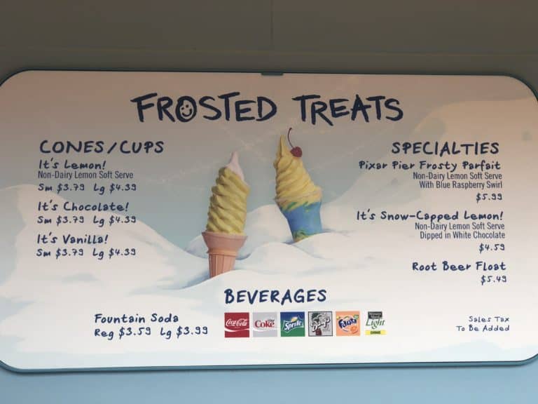A picture of the menu for Adorable Snowman Frosted Treats in PIXAR Pier at Disney California Adventure 