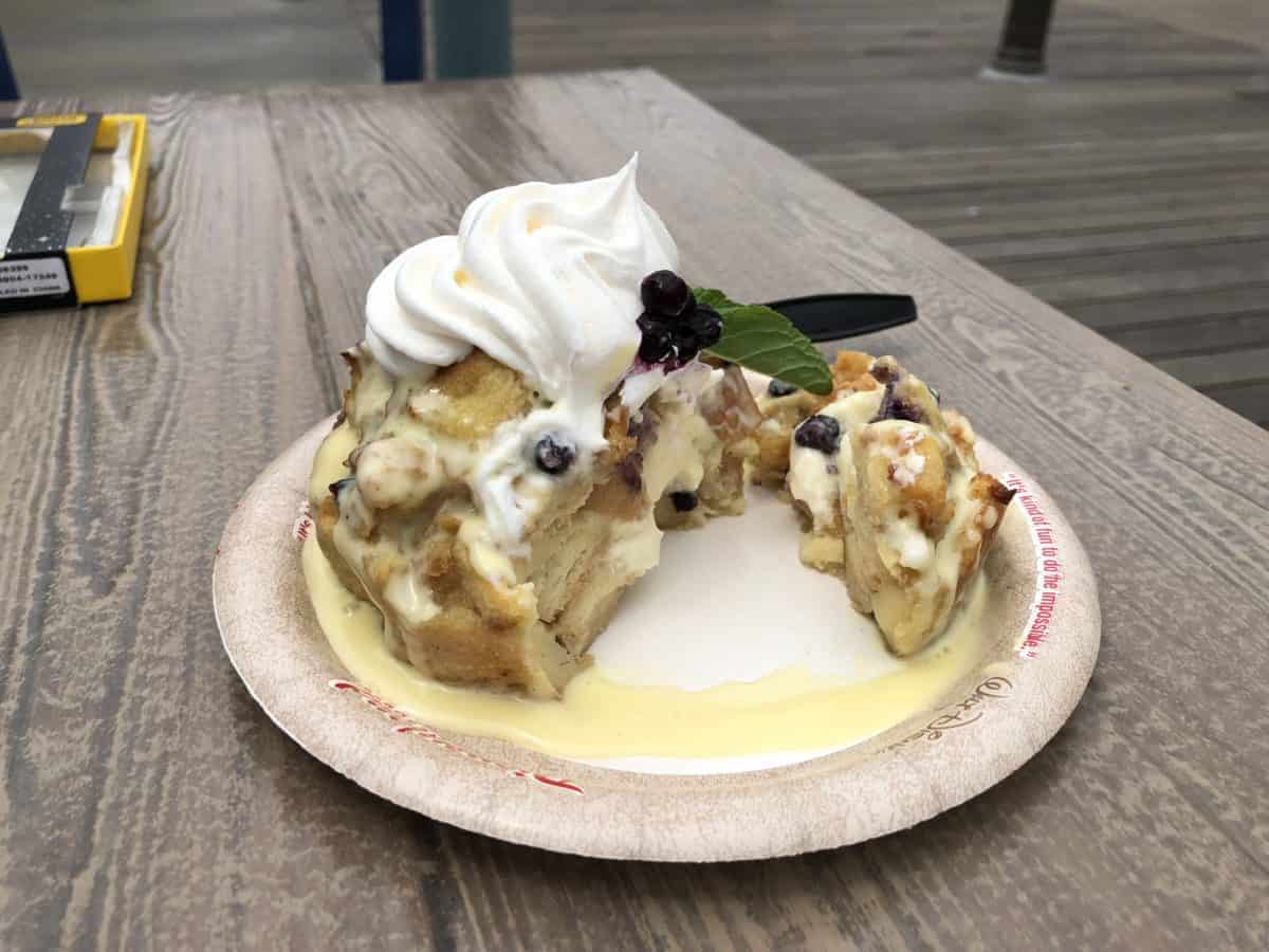 A cross-section of the Lemon-Blueberry Bread Pudding, a seasonal item at the Pacific Wharf Cafe in Disney California Adventure