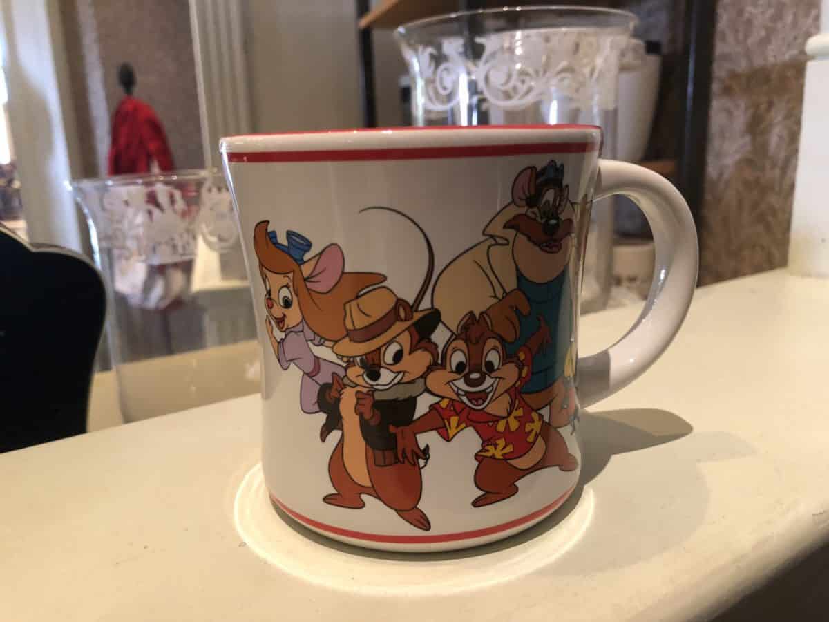 The characters of "Chip and Dale: Rescue Rangers" on the front of a Disney Afternoon mug, found at Disneyland