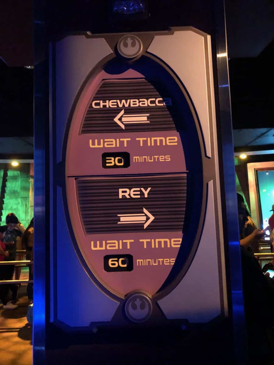 The wait times for the Light Side meet and greets at the Star Wars Launch Bay at Disneyland on May the Fourth 2018 also known as Star Wars Day