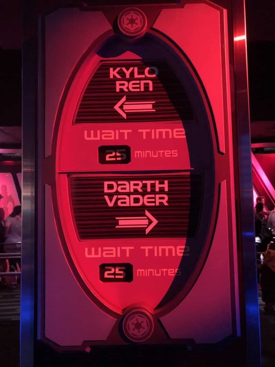 The wait times for the Dark Side meet and greets at the Star Wars Launch Bay at Disneyland on May the Fourth 2018 also known as Star Wars Day