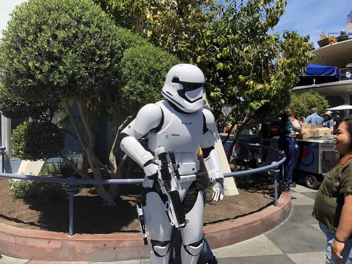 A Storm Trooper interacting with guests on May the Fourth, also known as Star Wars Day, at Disneyland