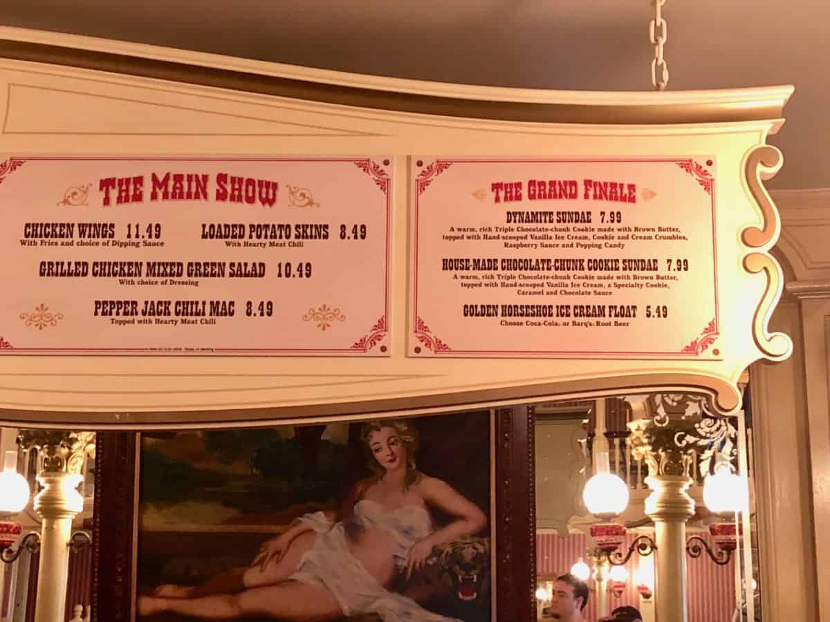 The menu listing for the Dynamite Sundae at The Golden Horseshoe in Frontierland in Disneyland