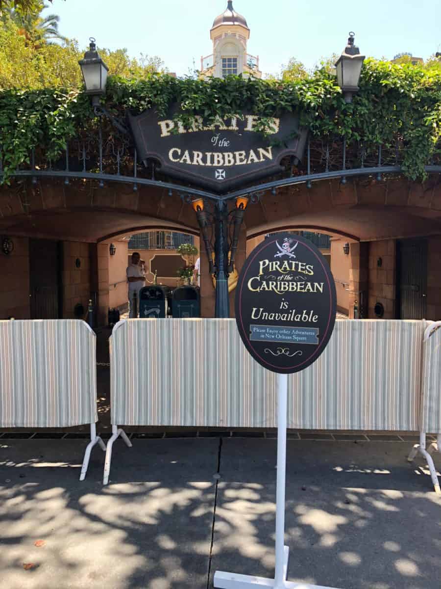 Pirates of the Caribbean in Disneyland is currently unavailable as they redo the auction scene, as seen on May 10, 2018