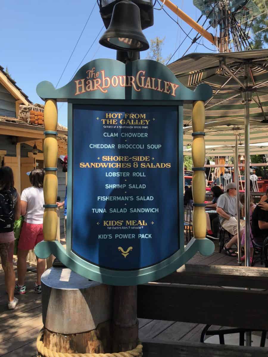 The menu at the entrance to Harbour Galley in Disneyland doesn't mention that the Fanstasmic menu is still available, as seen on May 10, 2018