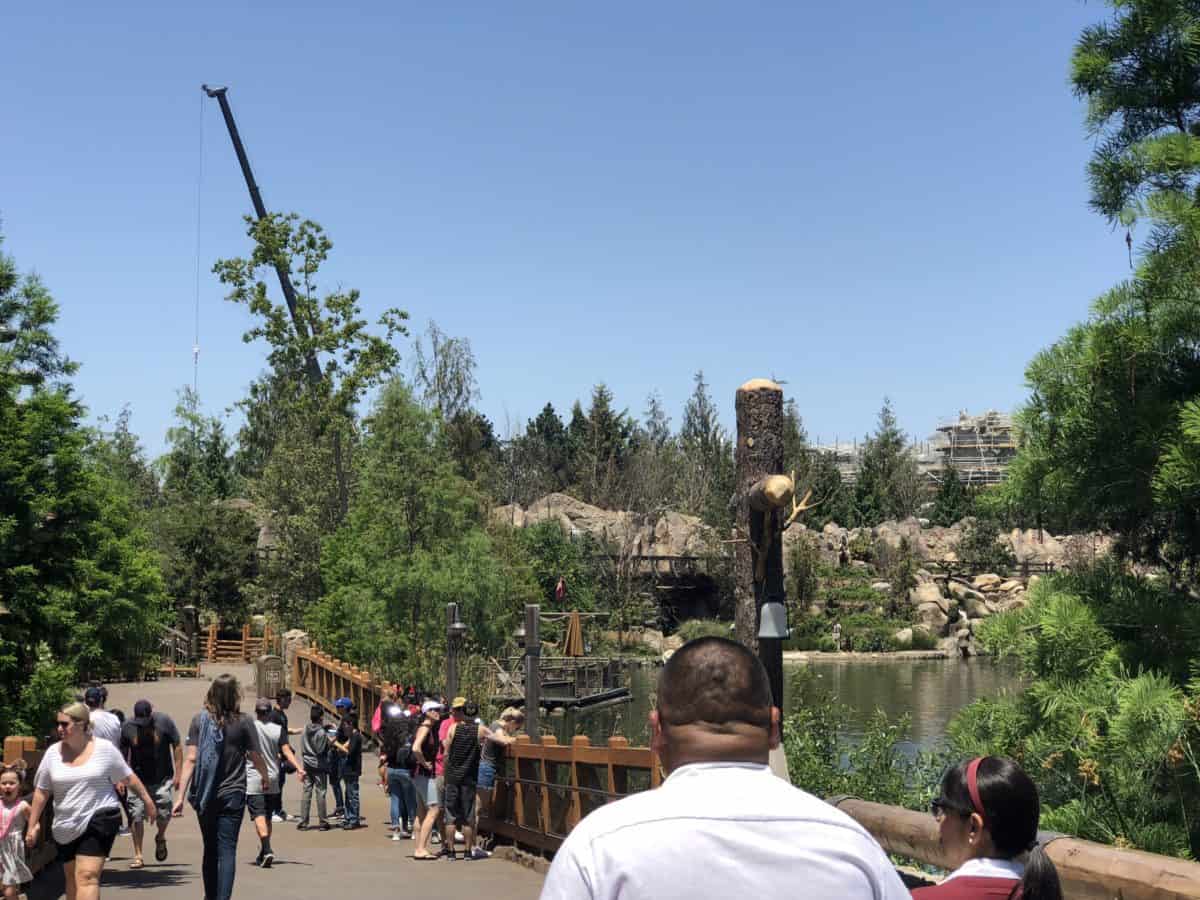 A crane over the construction for Star Wars: Galaxy's Edge as seen from Critter Country on May 10, 2018