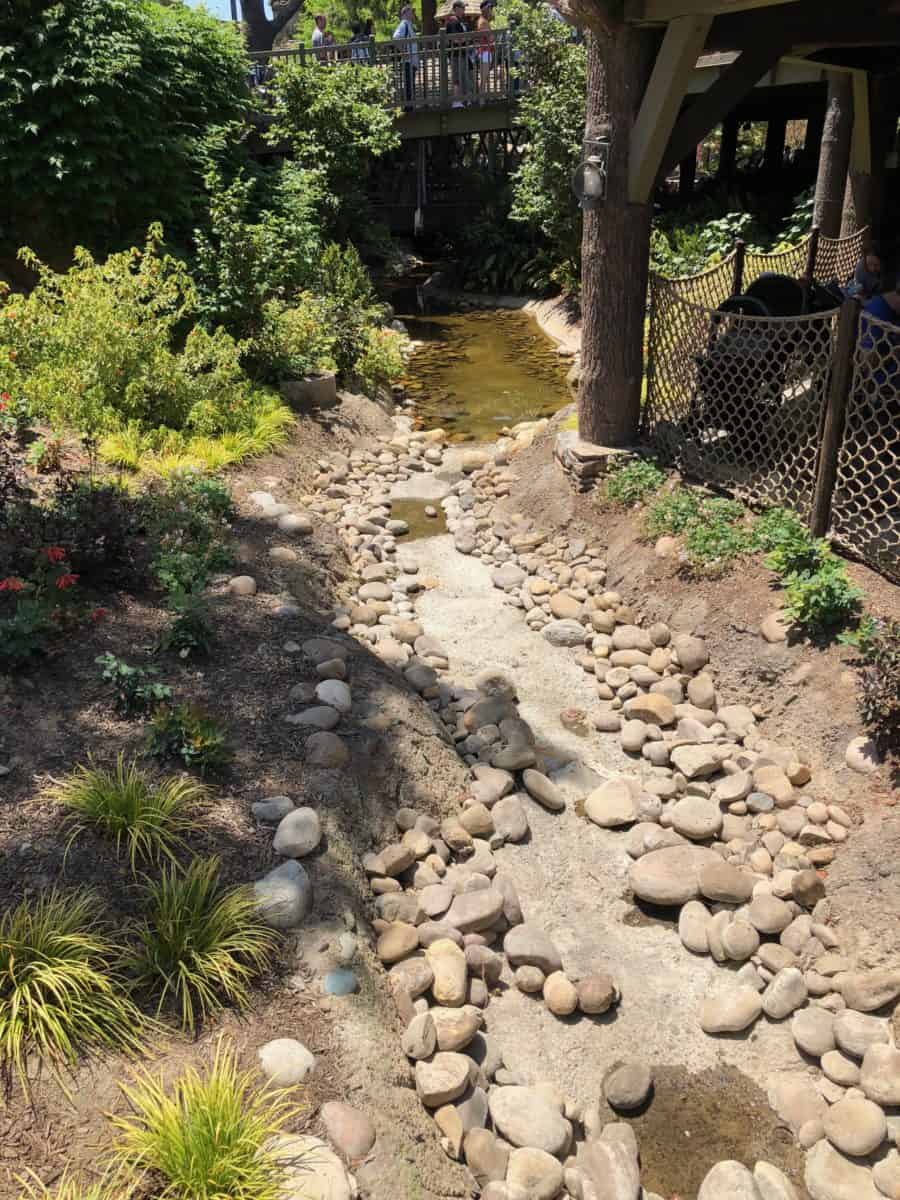 The riverbed in Critter Country, here shown from Hungry Bear, is now dry or very low at different parts, as seen on May 10, 2018