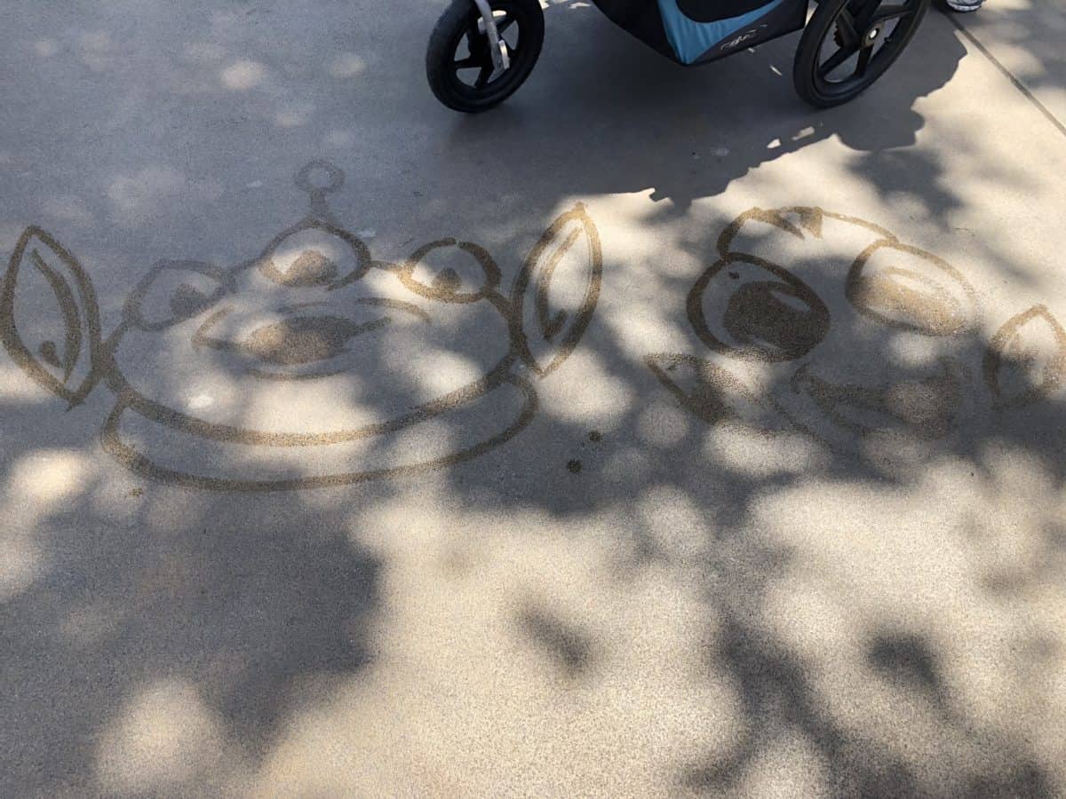 Some of the PIXAR characters the janitor drew on the cement with water, seen on May 10, 2018