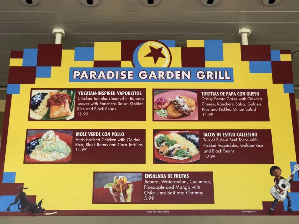 The first menu screen for the PIXAR Fest menu at the Paradise Garden Grill in Disney California Adventure, as seen on May 10, 2017