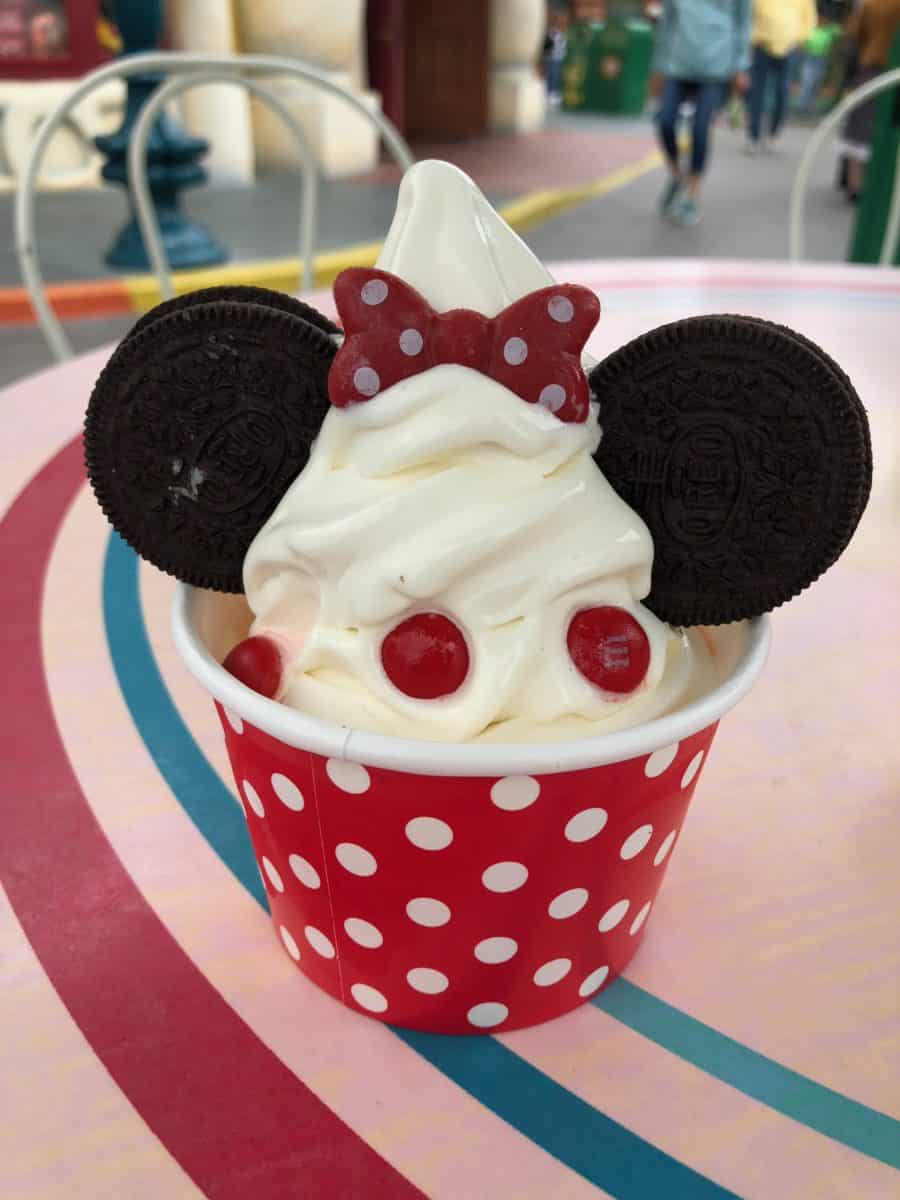The Minnie Mouse Sundae sold at Clarabelle's in Toon Town at Disneyland