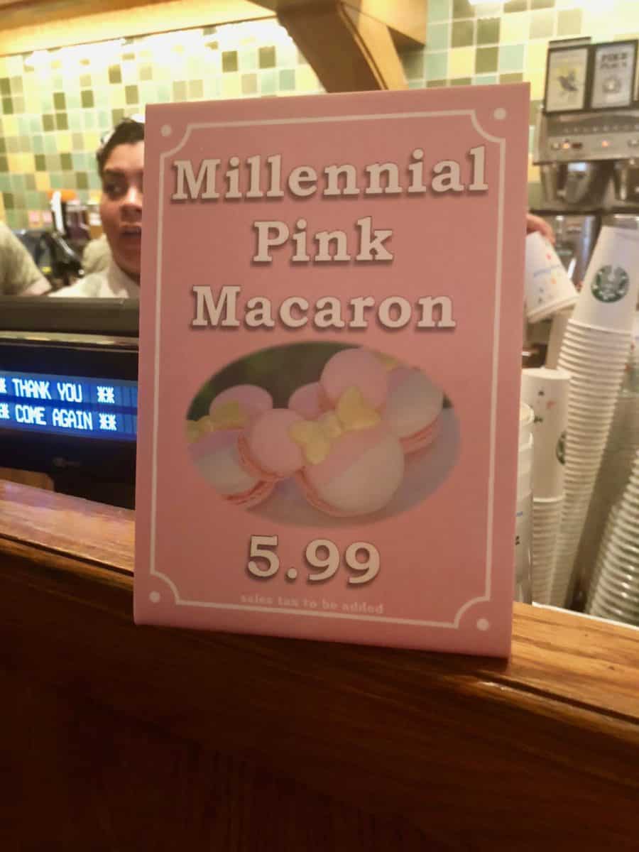 The menu standee for the Millennial Pink Macaron at the Disneyland Resort