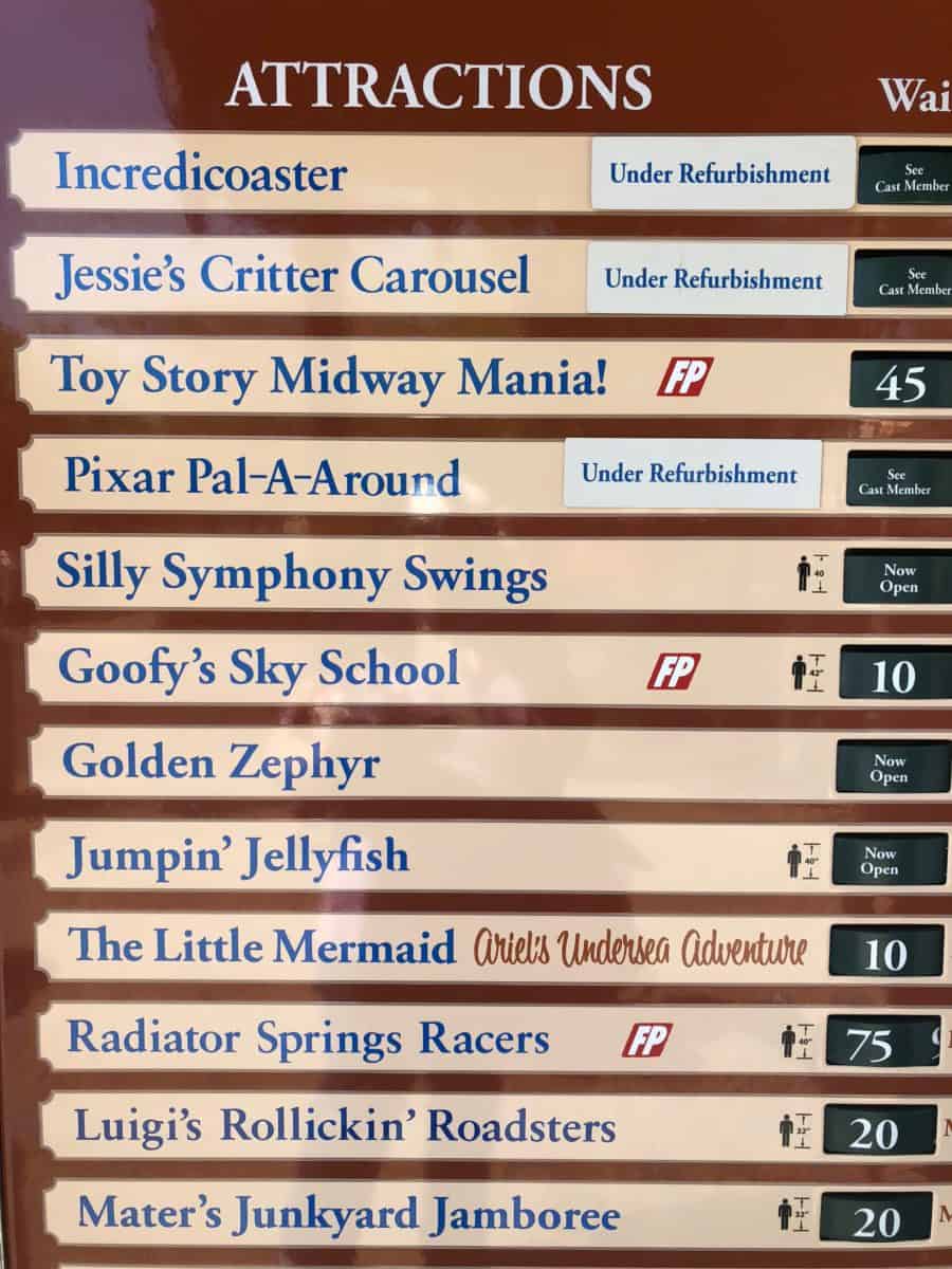 The attractions of PIXAR Pier were added to the Attraction Wait Times Billboard in Disney California Adventure (photo taken May 16, 2016)