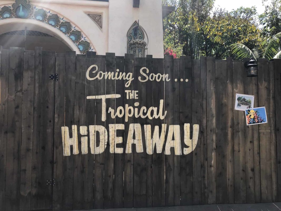 The wall blocking view of construction of the future Tropical Hideaway in Adventureland in Disneyland
