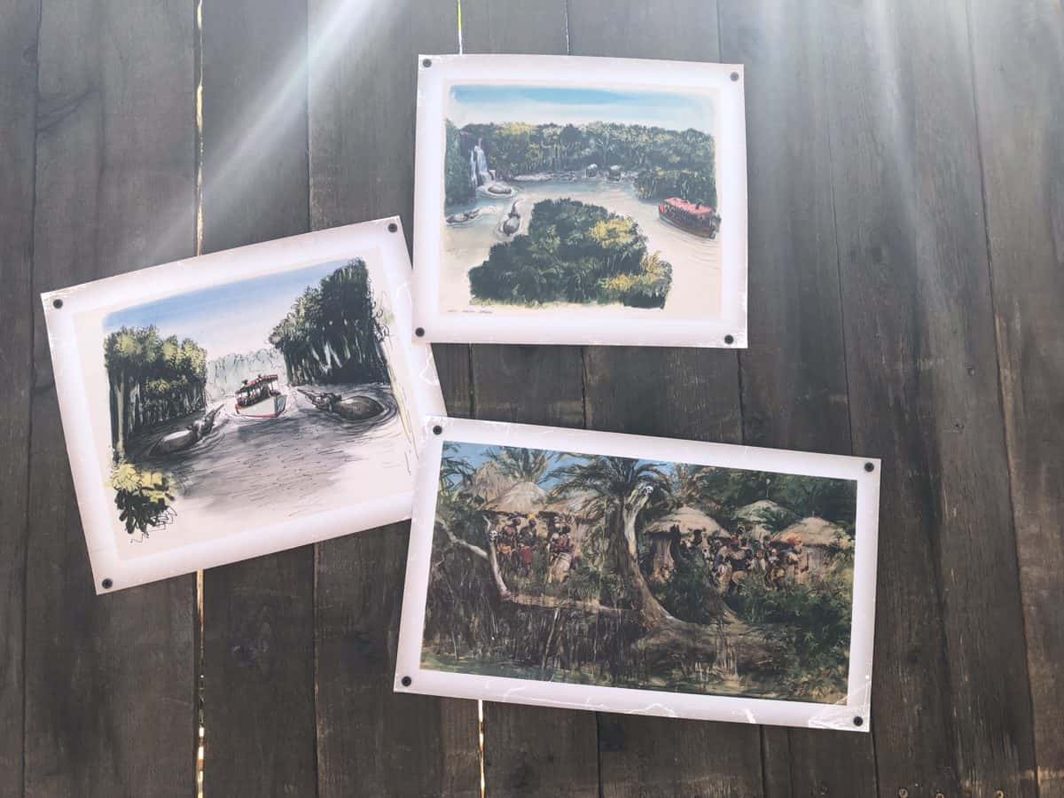 Jungle Cruise concept art decorating the outside of the construction wall for the future Tropical Hideaway in Adventureland in Disneyland
