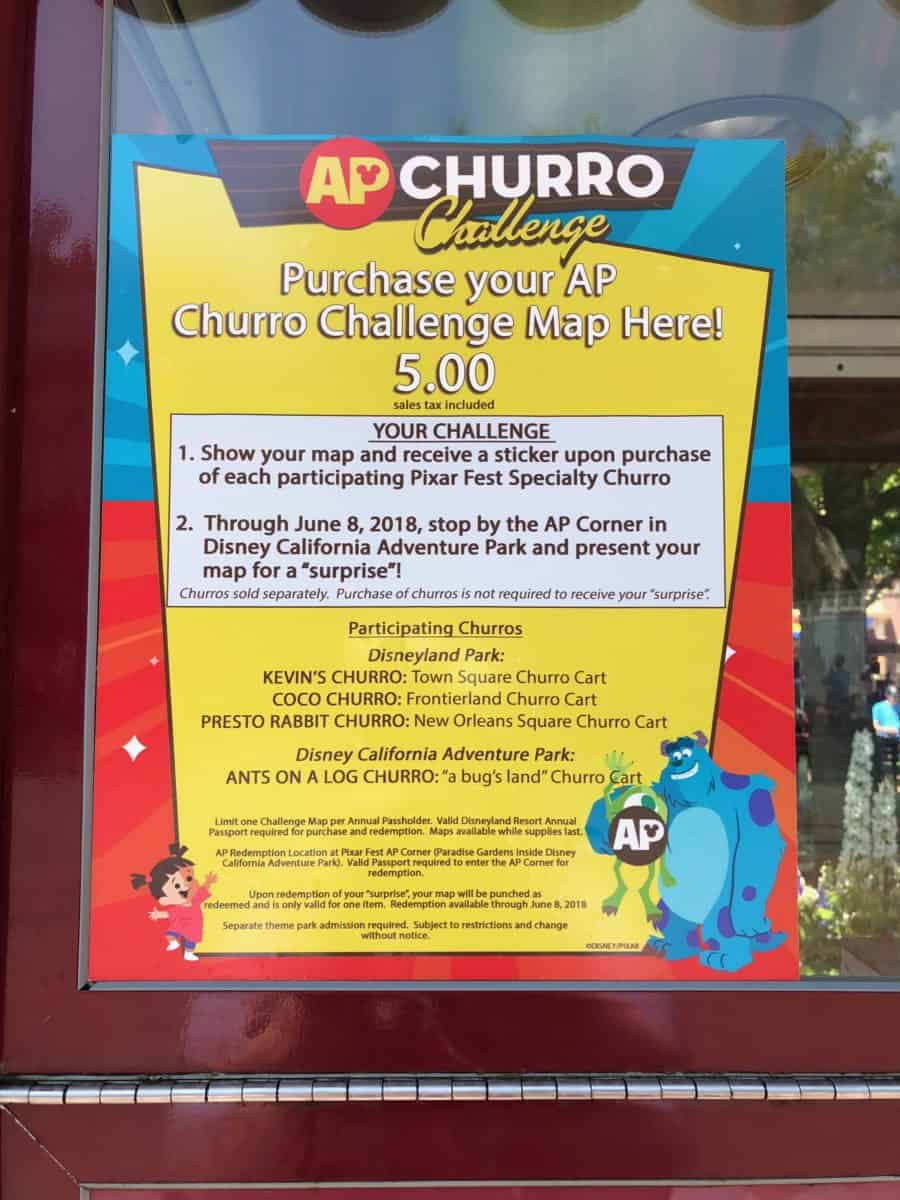 The sign found at participating Disneyland churro stands advertising the Annual Passholder Churro Challenge