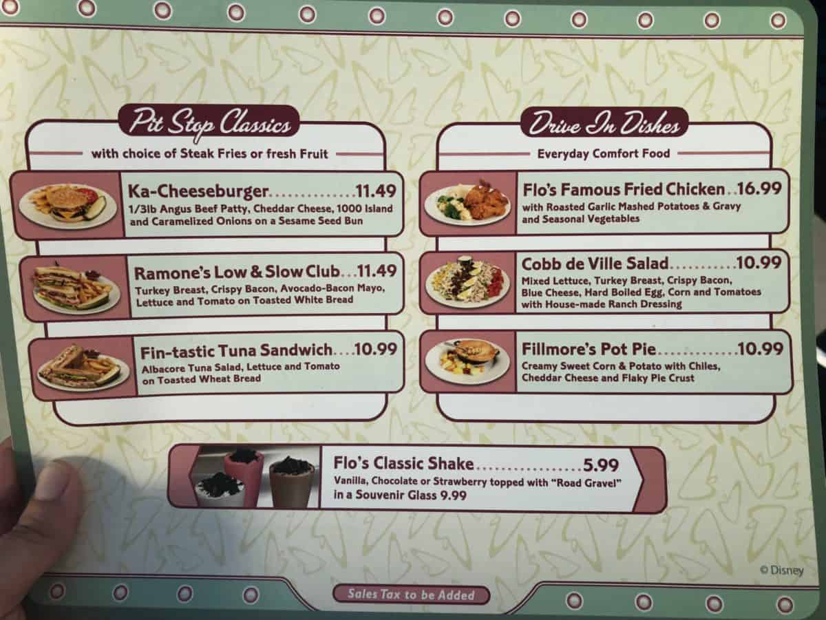 The entrees on the updated lunch menu at Flo's V8 Cafe in Carsland in Disney California Adventure